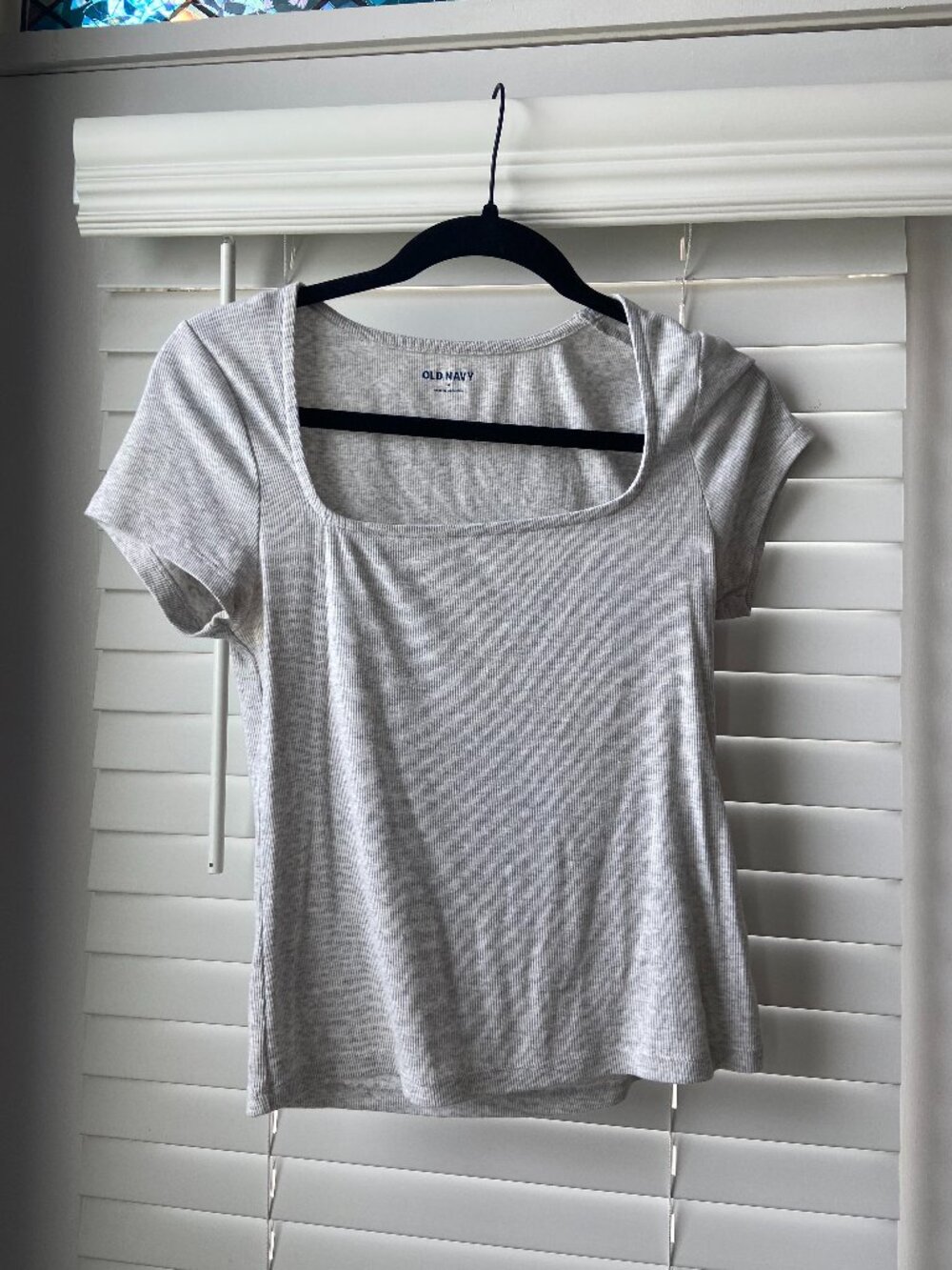 Light Heathered Grey Square Neck Fitted Ribbed T-shirt from Old Navy, Medium